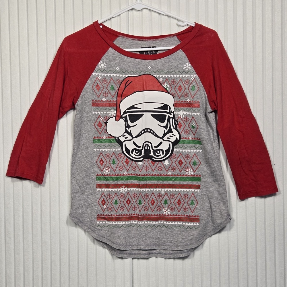 Star Wars Kids M 7-9 Christmas Stormtrooper Santa Hat Raglan Baseball Shirt Grey